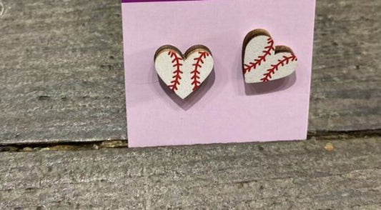 Wood Heart Baseball Earring