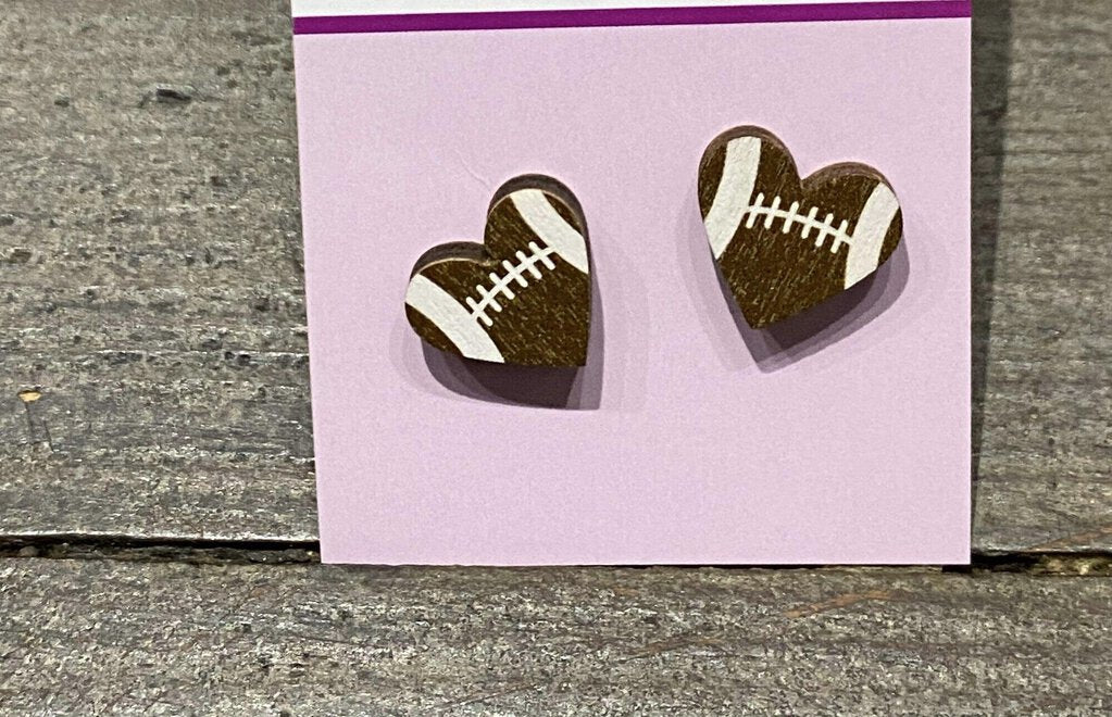 Wood Heart Football Earring