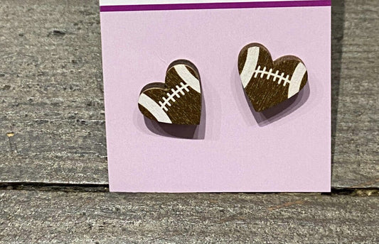 Wood Heart Football Earring