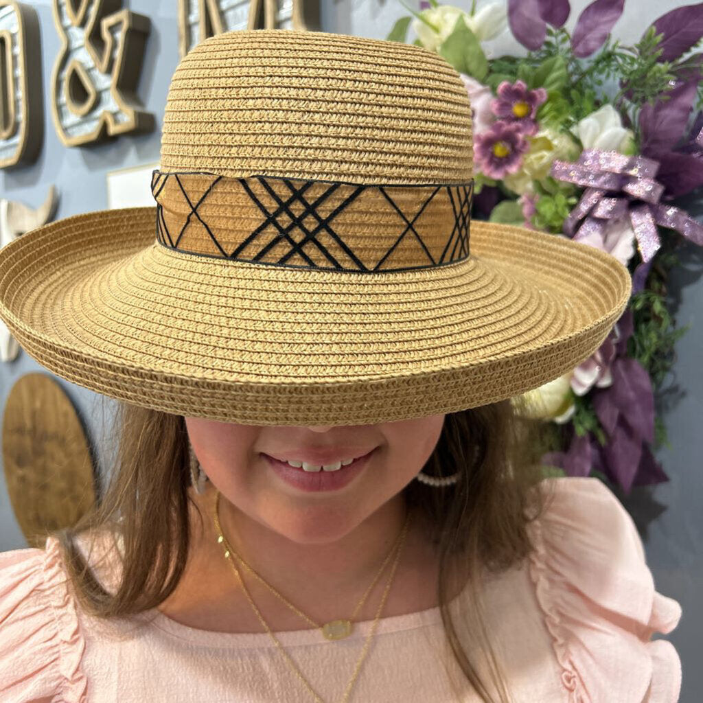 Womans Straw Brim Up Patterned Ribbon