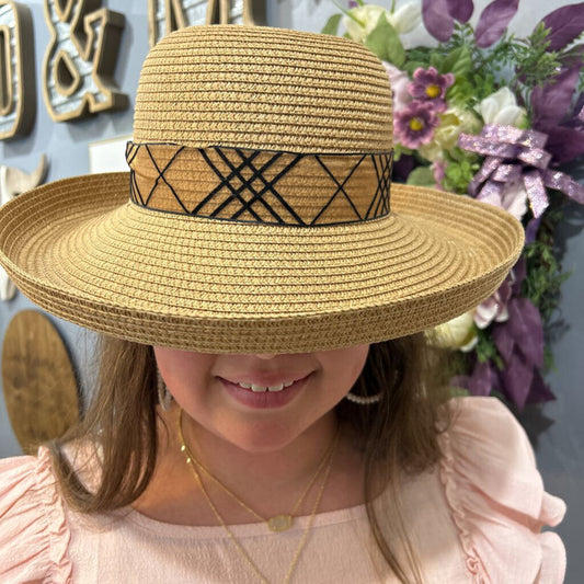 Womans Straw Brim Up Patterned Ribbon