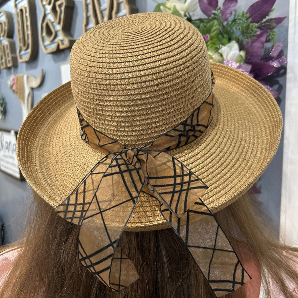 Womans Straw Brim Up Patterned Ribbon