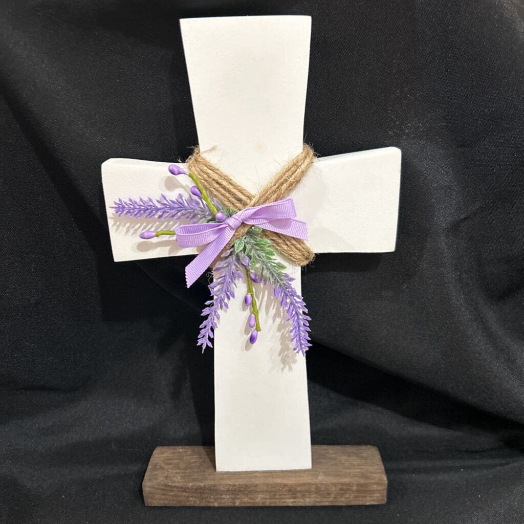 Wood Cross with purple floral on base