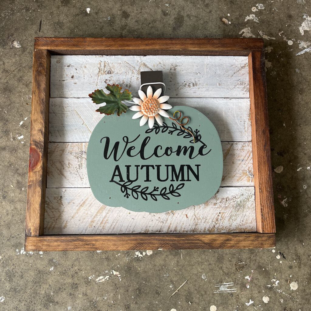 Welcome Autumn pumpkin plaque, blue green