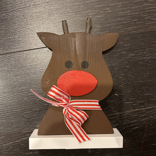 WOOD RUDOLPH WITH RED STRIPED BOW