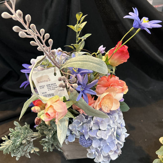 Purple & Coral Floral Arrangement in Tin #032