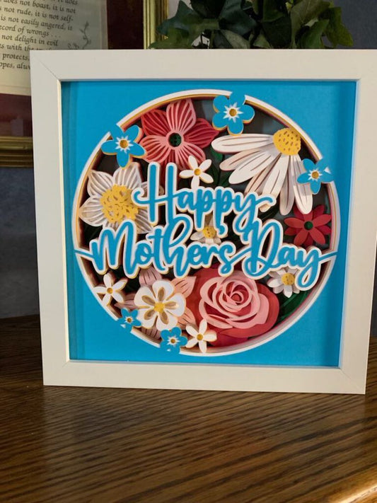 Happy Mother's Day Floral Shadowbox blue color, white frame, (8x8)