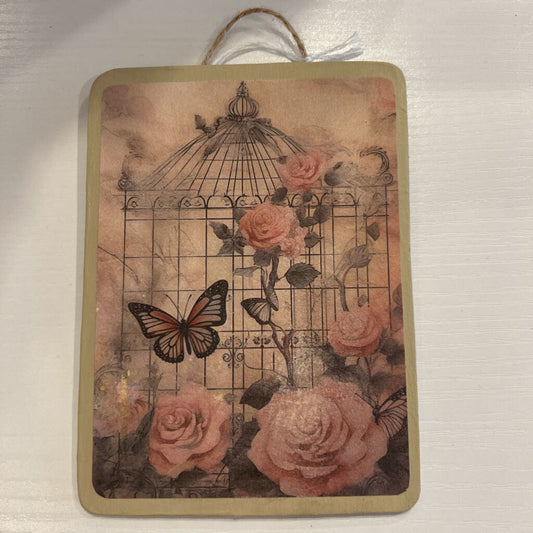 Wood Deco Pink Roses w/cage