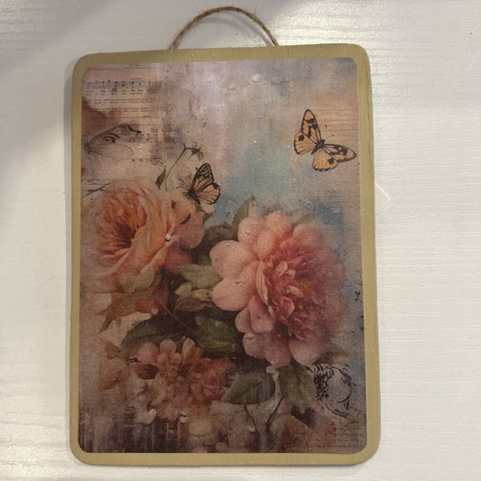 Wood Deco Pink Roses w/butterflies