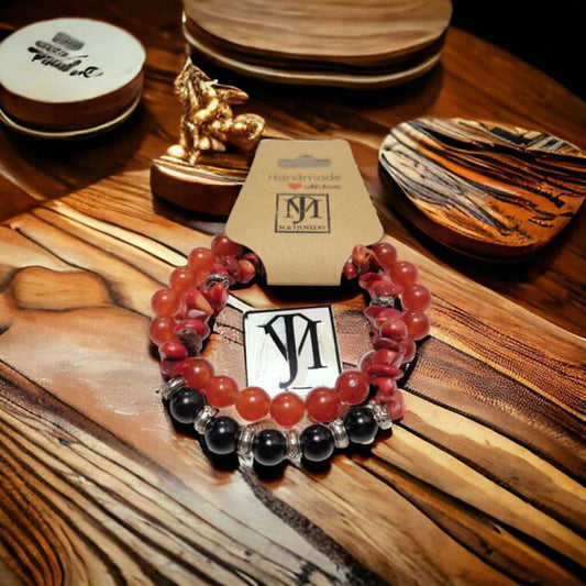MJ Red Coral Cornelian w/Onyx Bracelet
