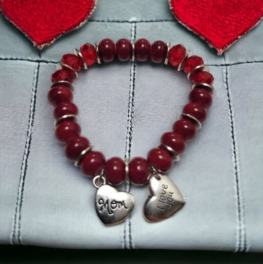 MJ Red Beads w/Silver Spacers Love You Mom