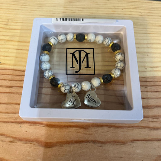 MJ White Howlite Bracelet Black Volconic w/ I Love Mom