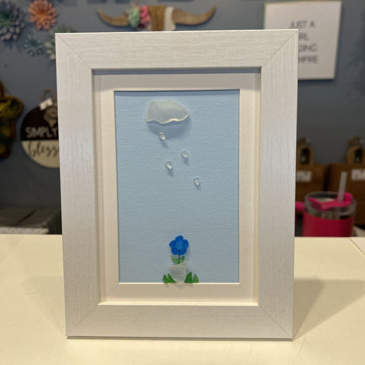 Beach Glass 5x7 white frame of flower/rain cloud