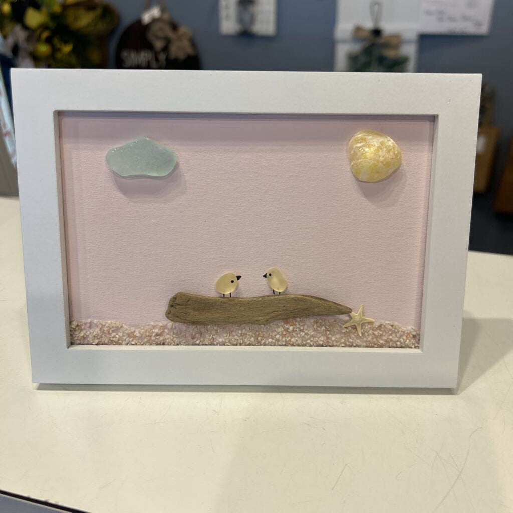 Beach Glass 4x6 white framew/ two yellow birds on beach