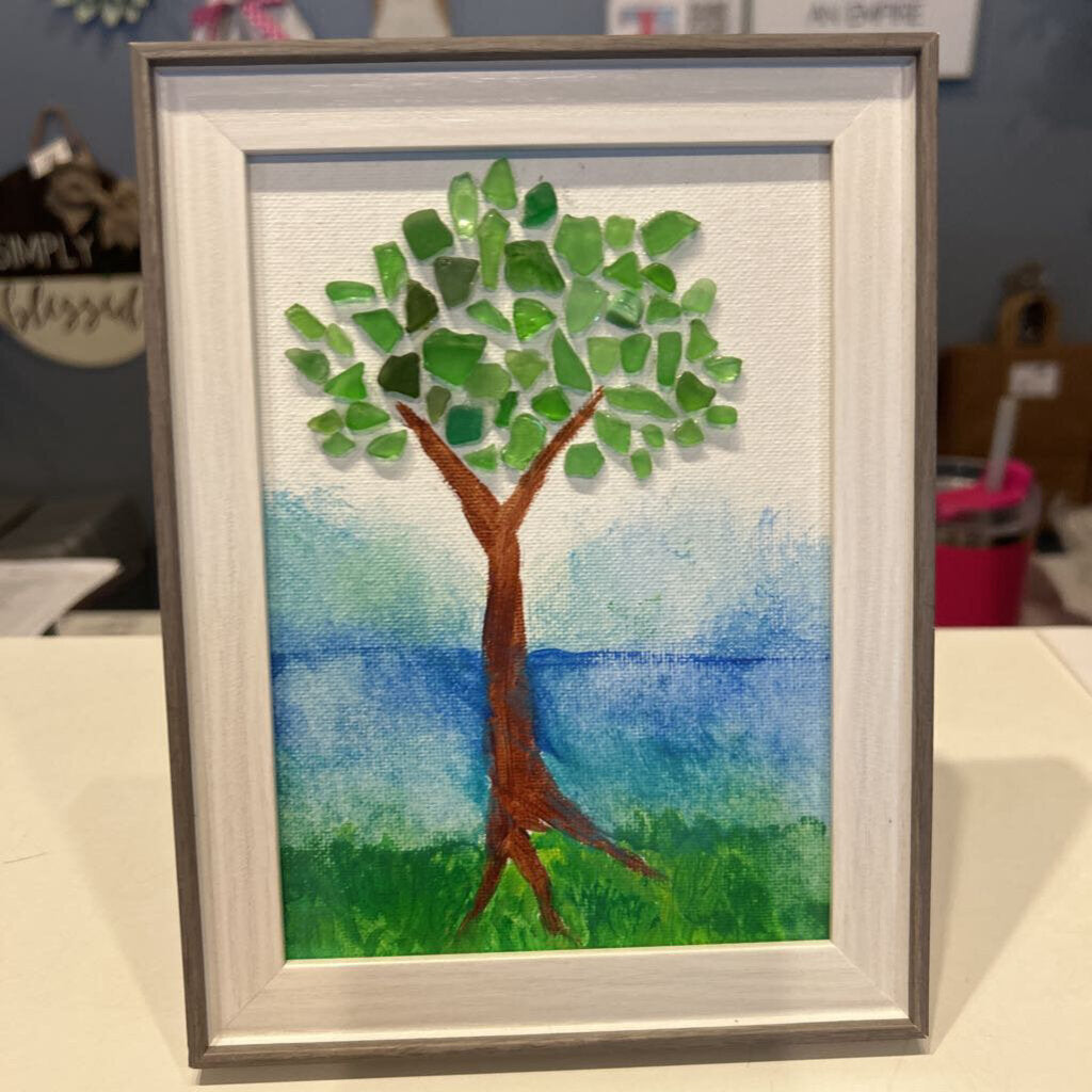 Beach Glass 5x7 gray/white frame w/ green glass tree