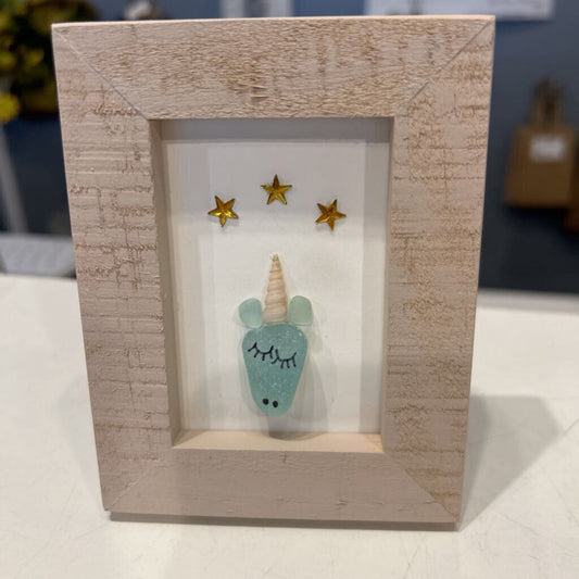 Beach Glass small pink frame, teal unicorn