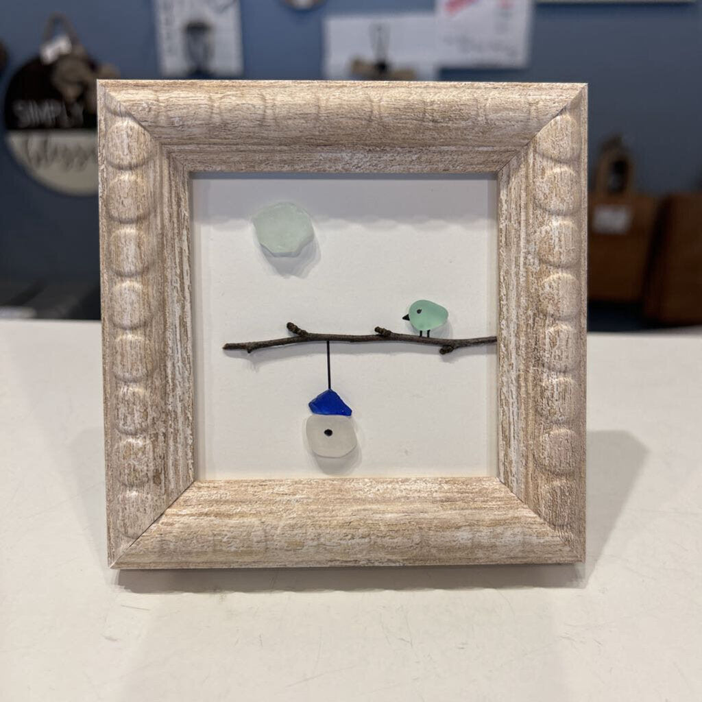 Beach Glass small tan frame, bird w/ birdhouse