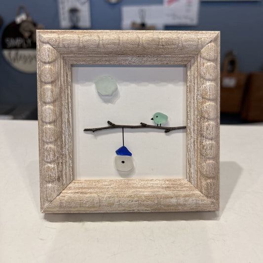 Beach Glass small tan frame, bird w/ birdhouse