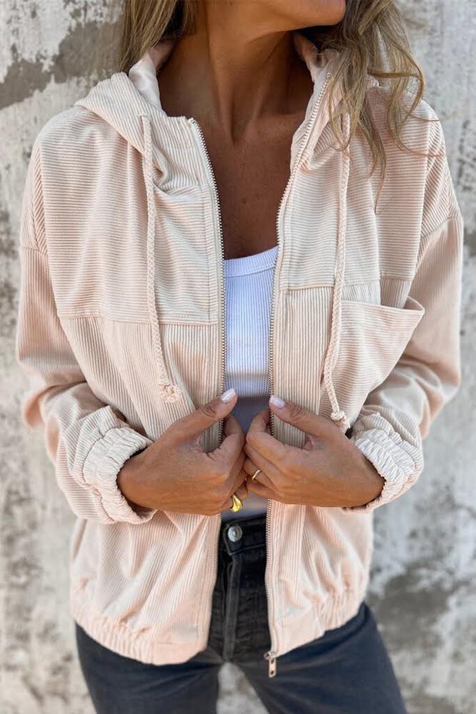 Corduroy Drawstring Hooded Pocket Zip Up Jacket