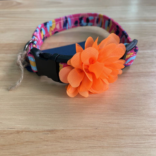 Pink, Bright Orange Flower Collar with Bow