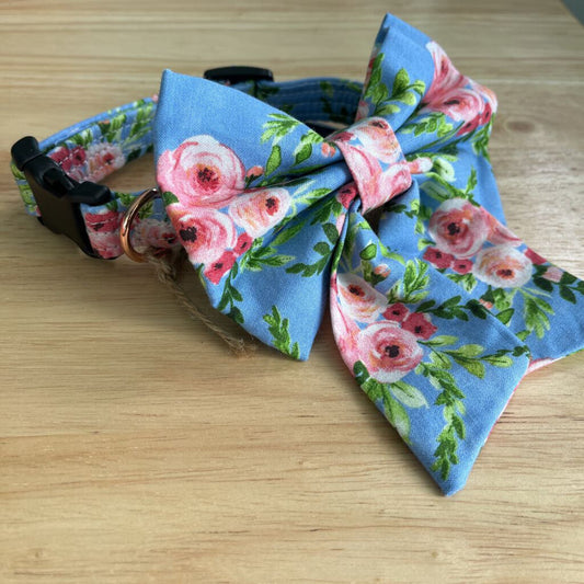 Blue/Pink Floral Dog Collar with Bow