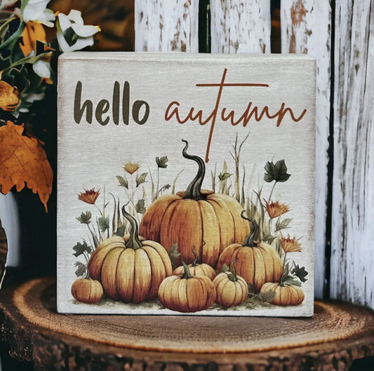 Hello Autumn Wood block 4"x4"