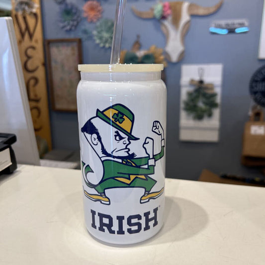 ND Logos w/Lep White 16oz Beer Can Glass