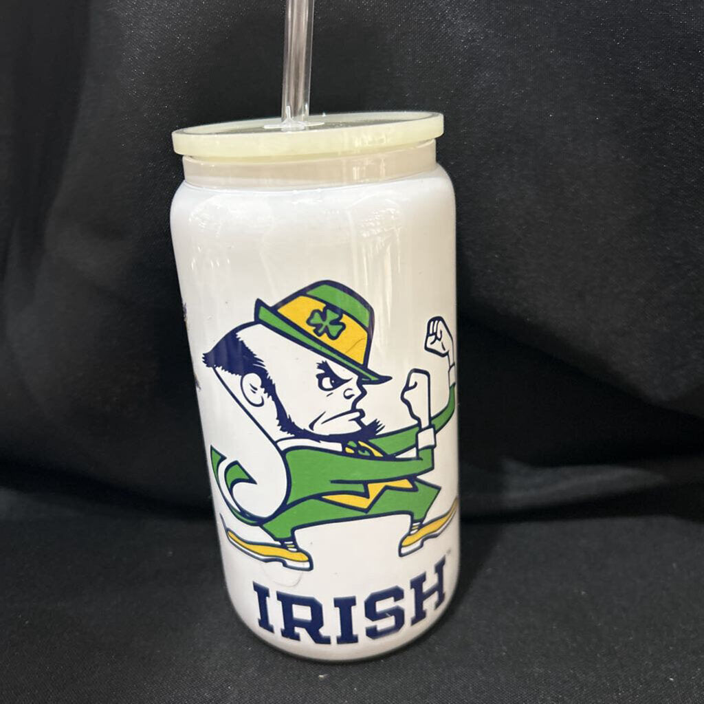 ND Logos w/Lep White 16oz Beer Can Glass