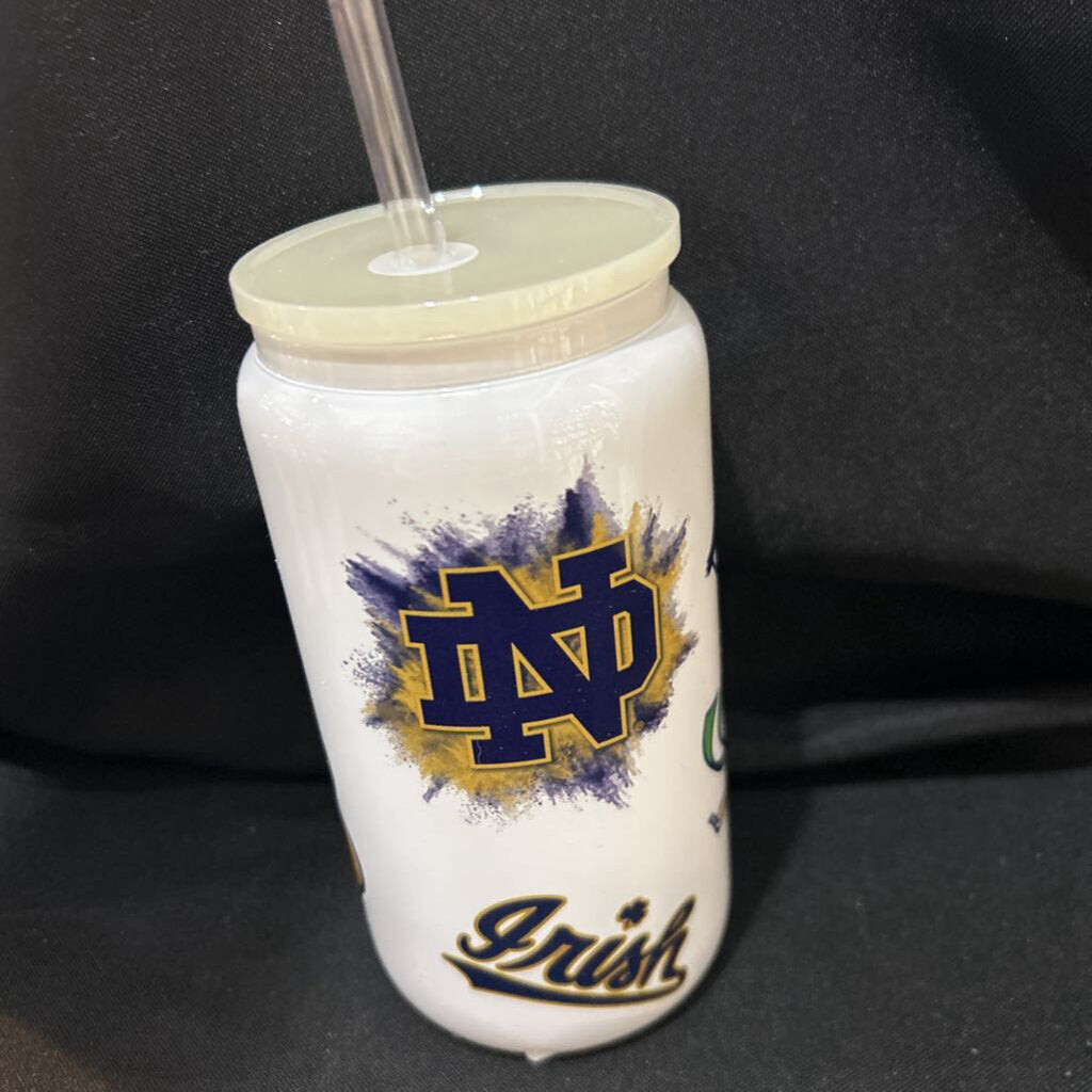 ND Logos w/Lep White 16oz Beer Can Glass