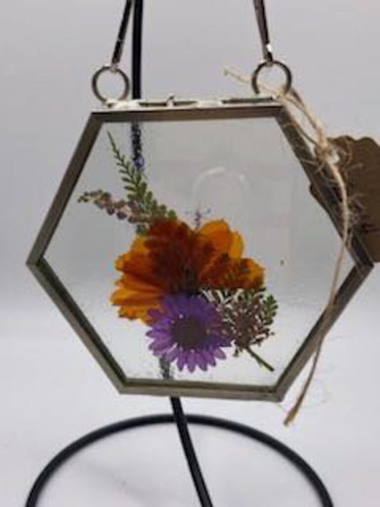 Silver Hexagon Dried Flower Frame Org/Purple