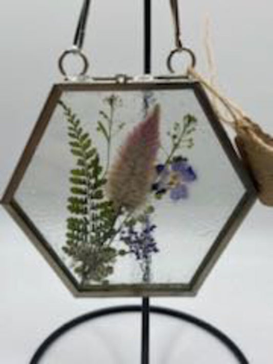 Silver Hexagon Dried Flower Frame White Cone Flower & Purple