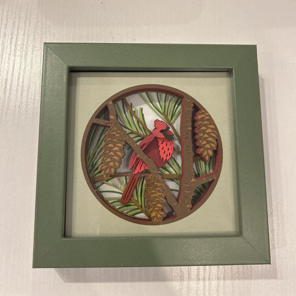 5x5 Green Winter Cardinal Shadow Box