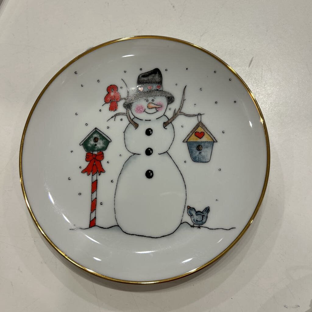 #155 Cookie Plate-Snowman w/Birdhouses-Food Safe