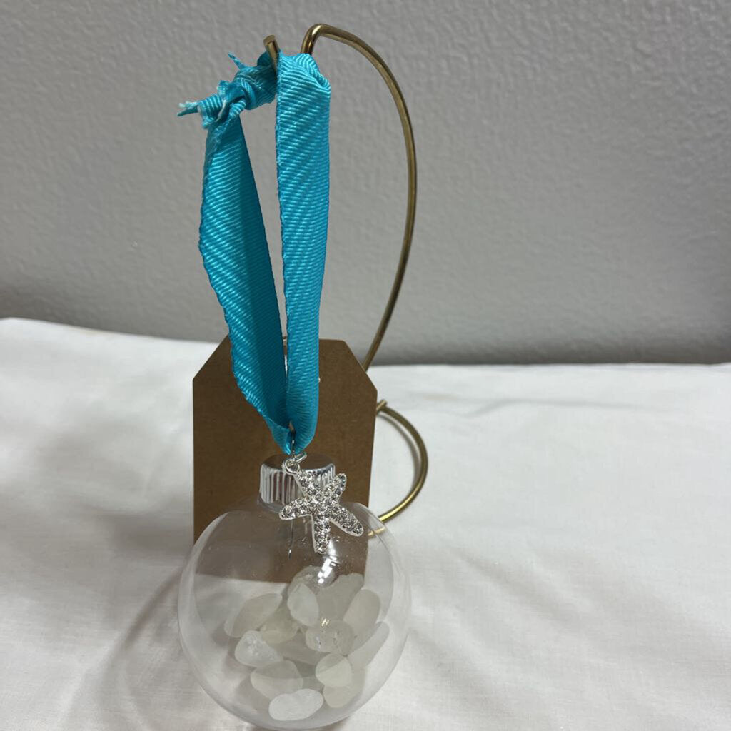 #72 Ornament-Teal Ribbon, Sparkle Starfish Charm, White Glass