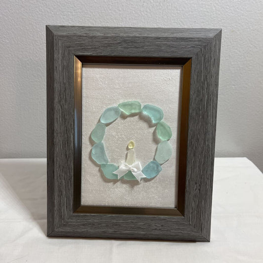 Framed Beach Glass Wreath with Candle Decor