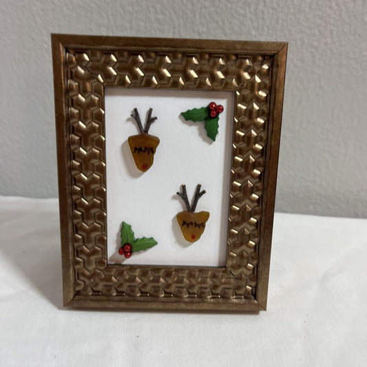 Framed Reindeer Rock Art with Holly Decoration