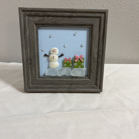 Beach Glass Snowman and Presents Art