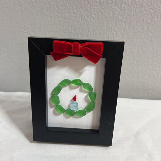 Framed Beach Glass Wreath with Candle Decoration