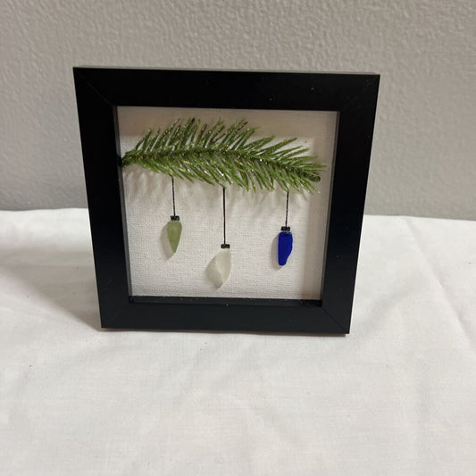 Framed Decorative Pine Branch with Colored Beach Glass Hanging Ornaments