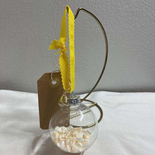 Ornament-Yellow Ribbon, Yellow Sailboat Charm, White Shells