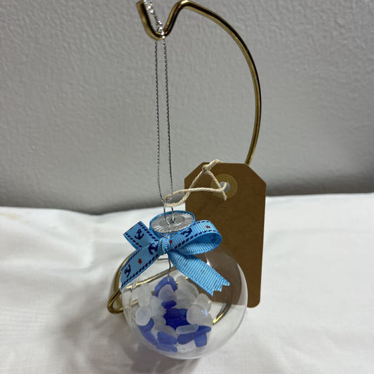 Ornament-Sm Blue Anchor Ribbon, White & Blue Glass