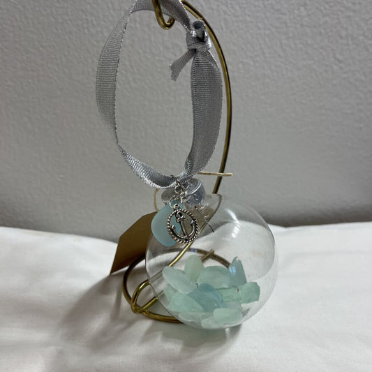 Ornament-Teal Glass, Silver Ribbon, Anchor Charm