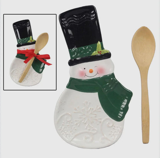 Snowman Shaped Serving Tray with Wooden Spoon