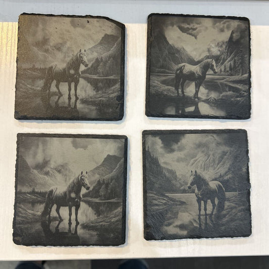 Engraved Slate Coasters Horses Set 4