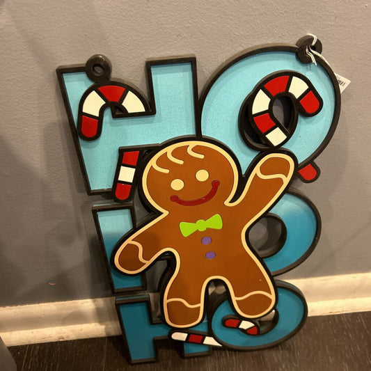 HoHoHo Wood Sign Blue w/Gingerbread Man