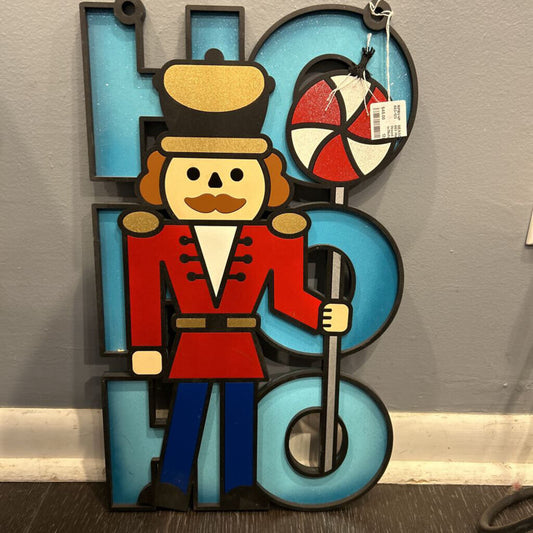 HoHoHo Wood Sign Blue w/Nutcracker