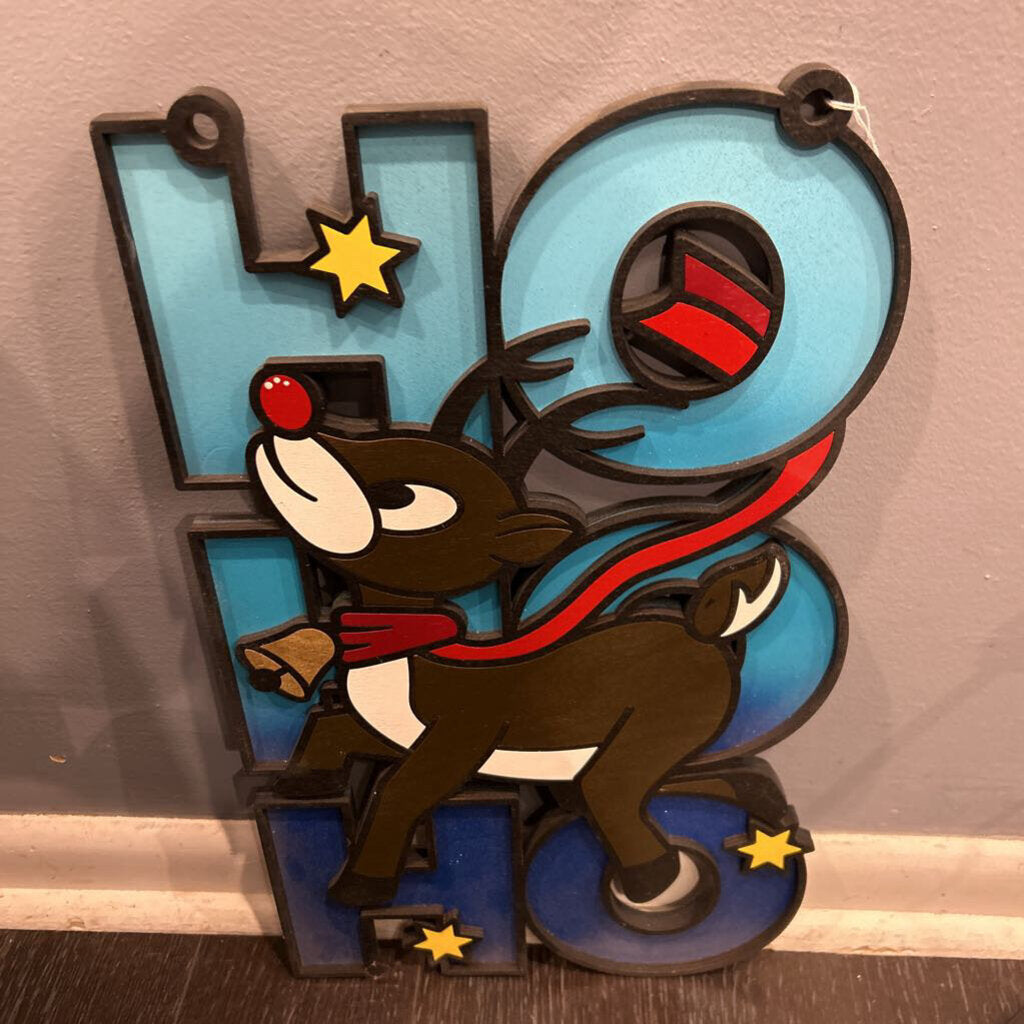 HoHoHo Wood Sign Blue w/Rudolph