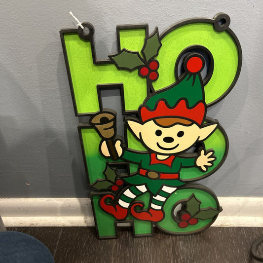 HoHoHo Wood Sign Green w/Elf