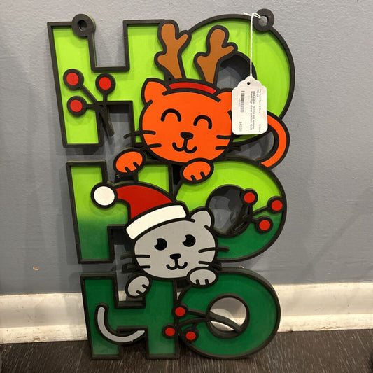 HoHoHo Wood Sign Green w/Kitties