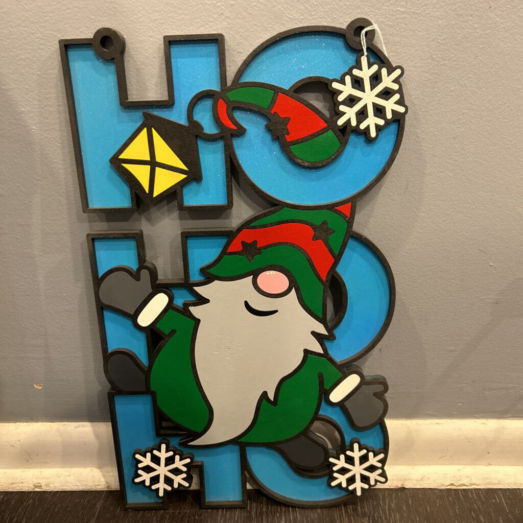 HoHoHo Wood Sign Blue w/Gnome